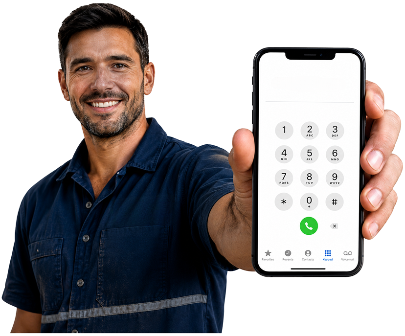 Smithfield Blocked Drains plumber holding a phone — call 1300 261 965