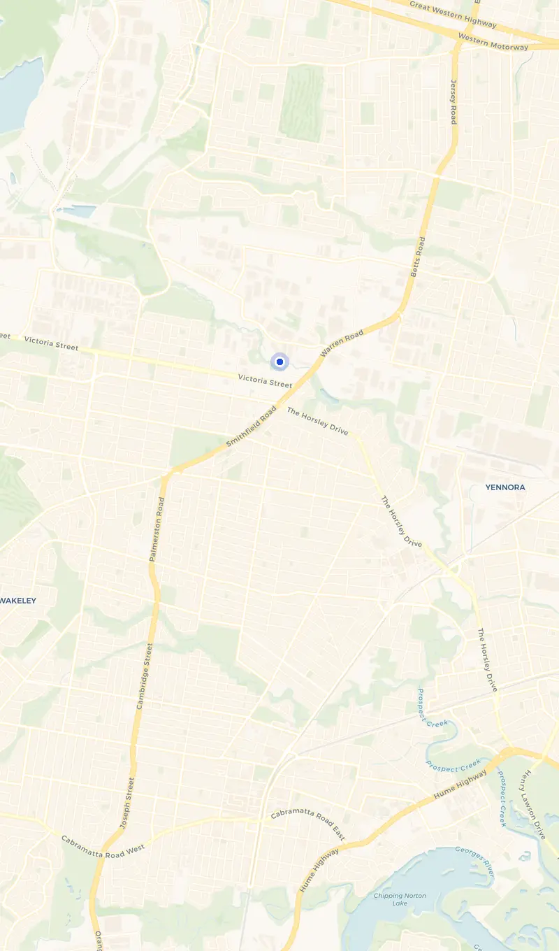 Map of the Smithfield service area and the surrounding suburbs we cover.
